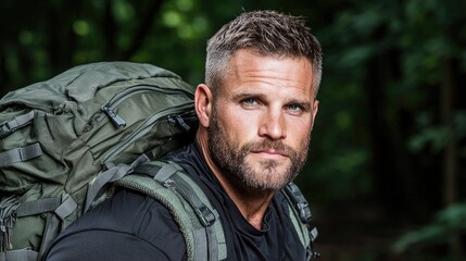 Obraz premium Man hiking woods backpack adventure portrait