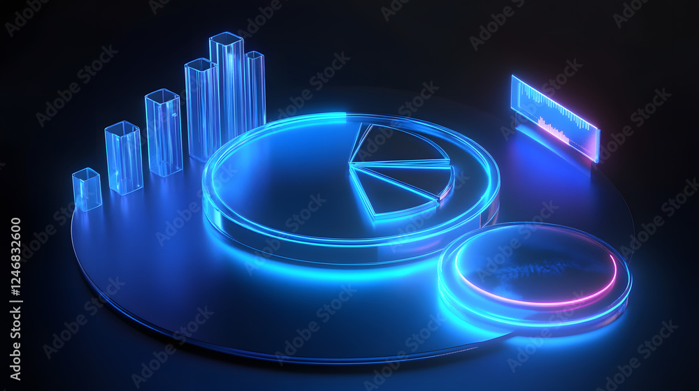 Poster cute isometric 3d image of 3d pie chart and bar chart in realistic metallic silver illuminated by ne