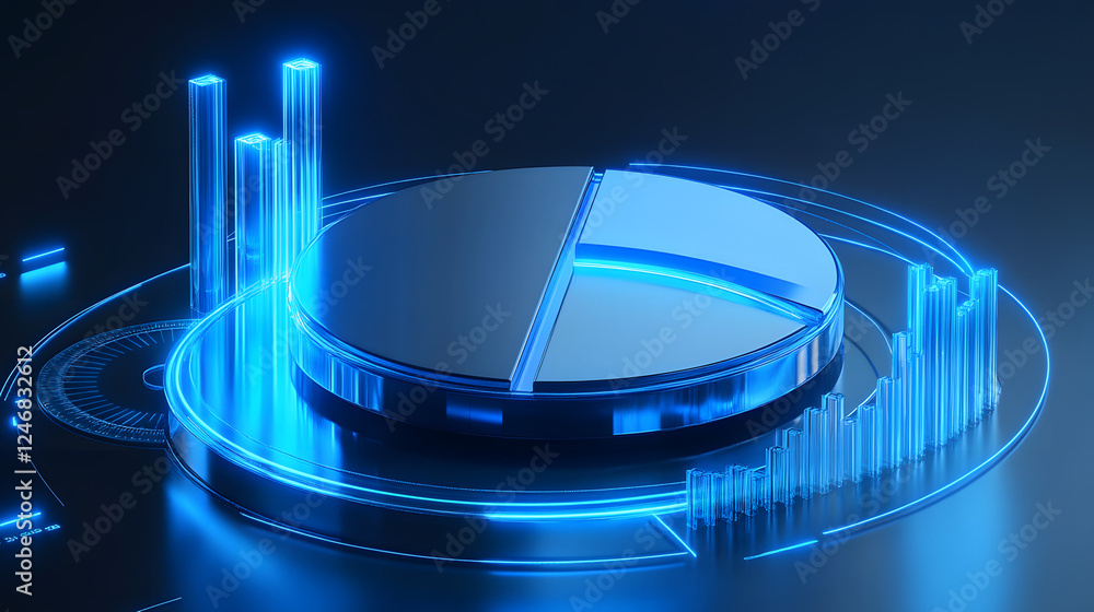 Poster cute isometric 3d image of 3d pie chart and bar chart in realistic metallic silver illuminated by ne