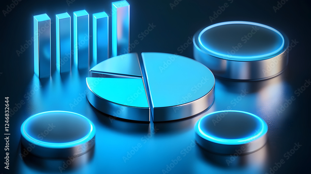 Poster cute isometric 3d image of 3d pie chart and bar chart in realistic metallic silver illuminated by ne