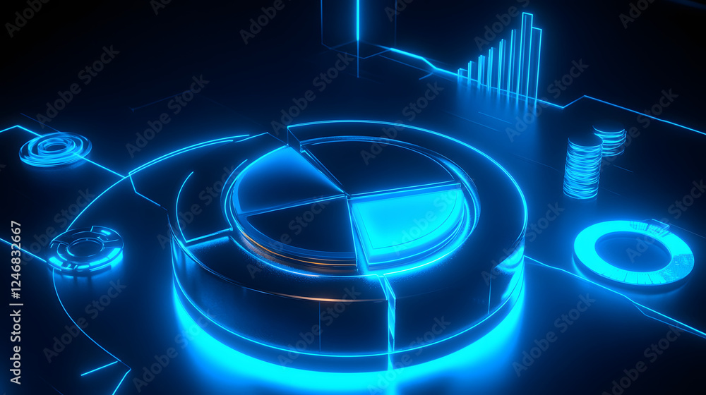 Poster cute isometric 3d image of 3d pie chart and bar chart in realistic metallic silver illuminated by ne