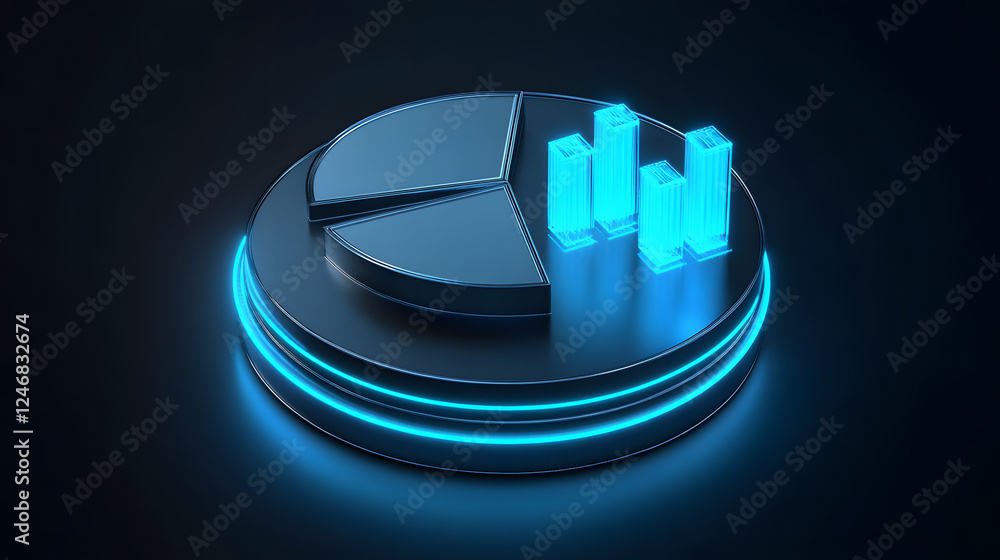 Poster Cute isometric 3D image of 3D pie chart and bar chart in realistic metallic silver illuminated by neon blue. add floating, transparent charts and circular measurement tools. ensure perfect shapes an