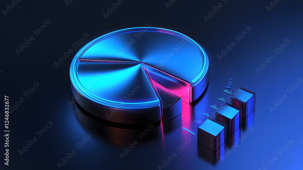 Aufkleber cute isometric 3d image of 3d pie chart and bar chart in realistic metallic silver illuminated by ne