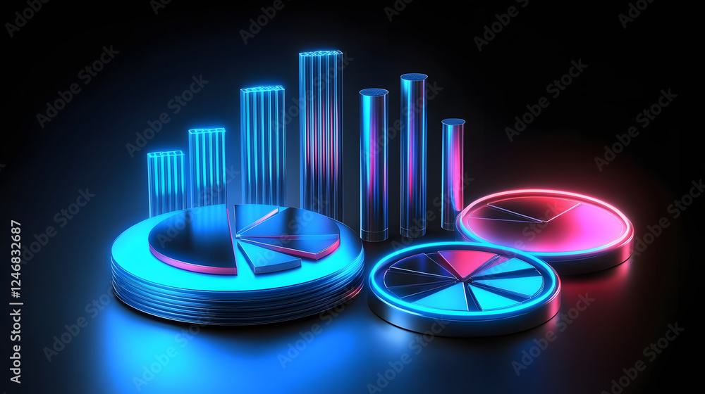 Poster cute isometric 3d image of 3d pie chart and bar chart in realistic metallic silver illuminated by ne