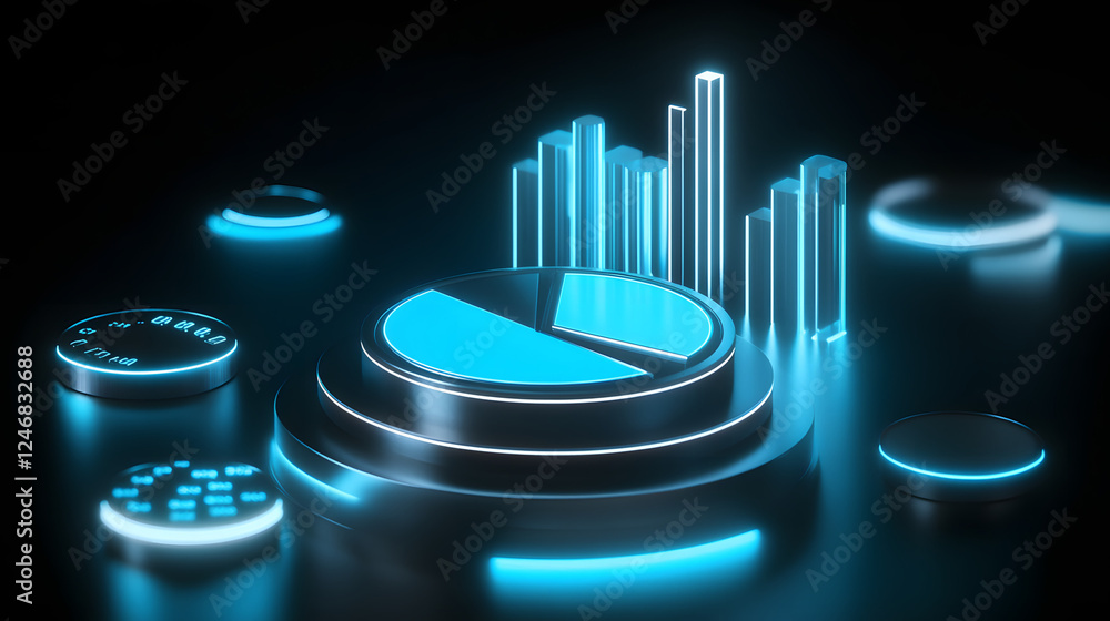 Poster cute isometric 3d image of 3d pie chart and bar chart in realistic metallic silver illuminated by ne