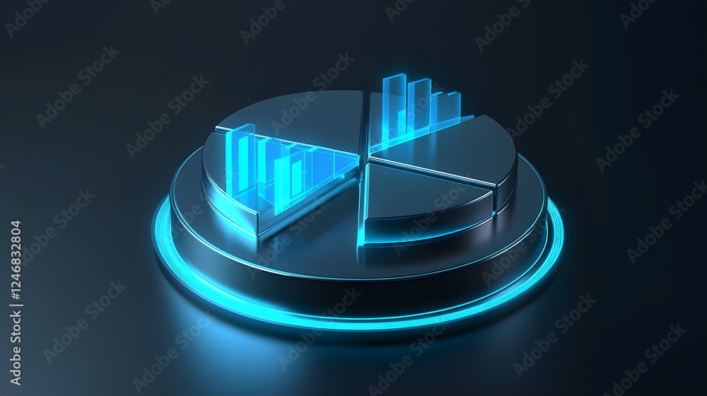 Poster Cute isometric 3D image of 3D pie chart and bar chart in realistic metallic silver illuminated by neon blue. add floating, transparent charts and circular measurement tools. ensure perfect shapes an
