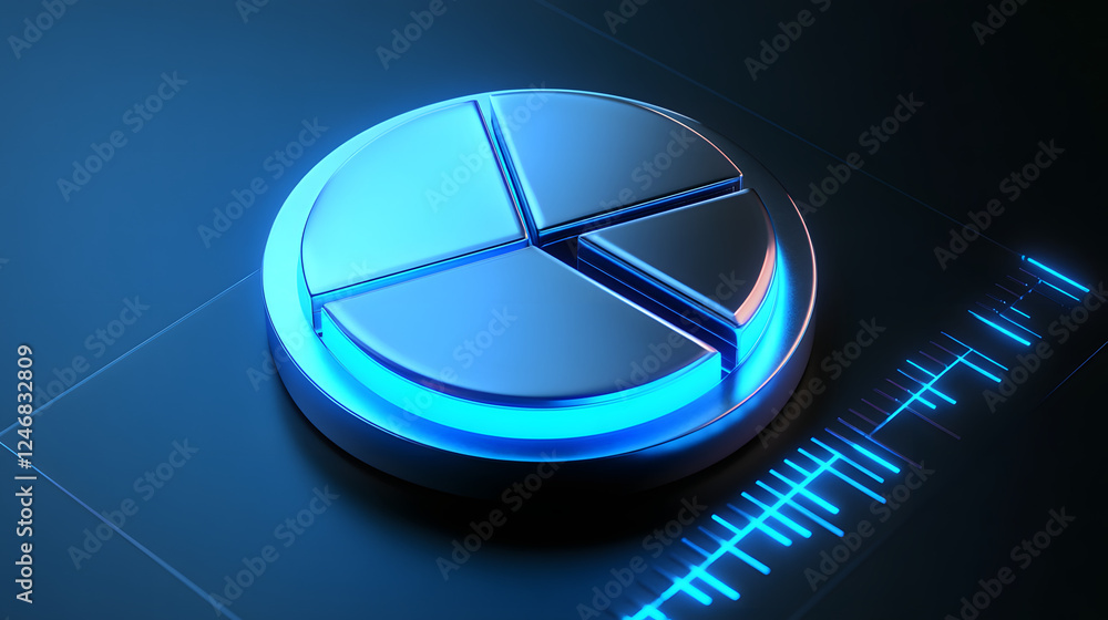 Poster cute isometric 3d image of 3d pie chart and bar chart in realistic metallic silver illuminated by ne