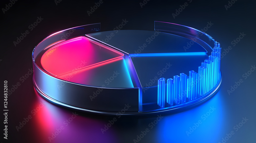 Poster cute isometric 3d image of 3d pie chart and bar chart in realistic metallic silver illuminated by ne
