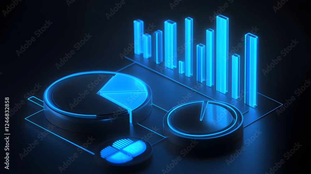 Poster cute isometric 3d image of 3d pie chart and bar chart in realistic metallic silver illuminated by ne