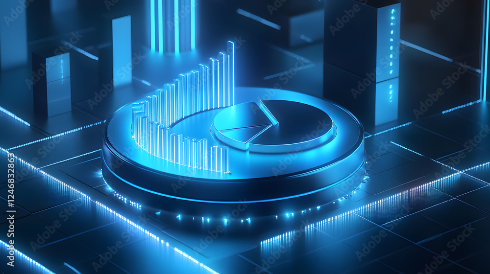Poster cute isometric 3d image of 3d pie chart and bar chart in realistic metallic silver illuminated by ne