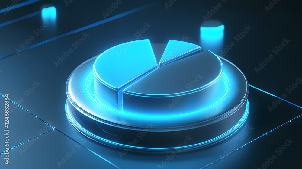 Poster Cute isometric 3D image of 3D pie chart and bar chart in realistic metallic silver illuminated by neon blue. add floating, transparent charts and circular measurement tools. ensure perfect shapes an