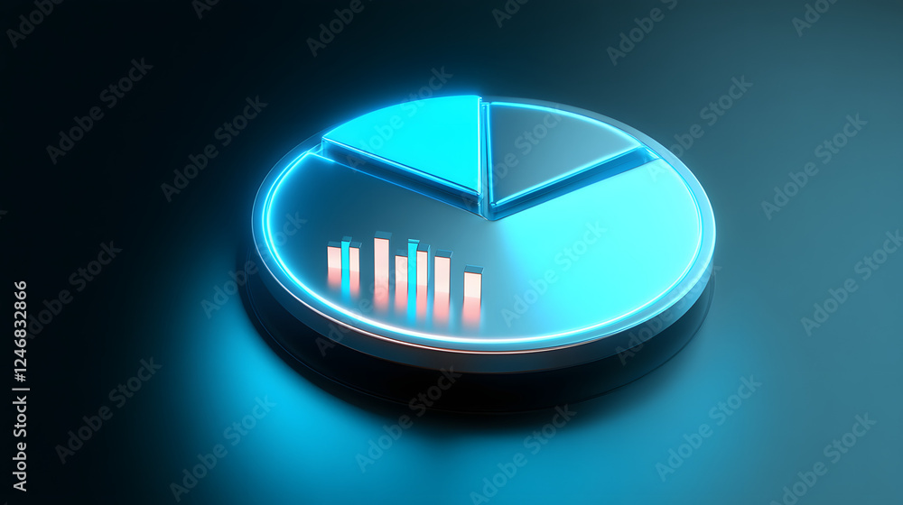 Poster cute isometric 3d image of 3d pie chart and bar chart in realistic metallic silver illuminated by ne