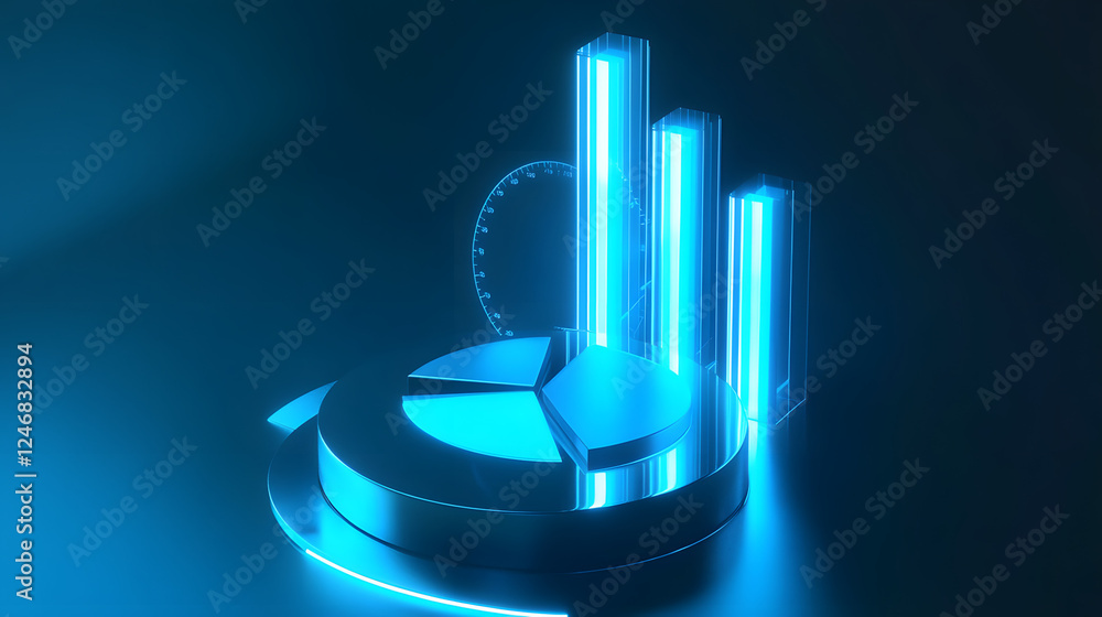 Aufkleber cute isometric 3d image of 3d pie chart and bar chart in realistic metallic silver illuminated by ne