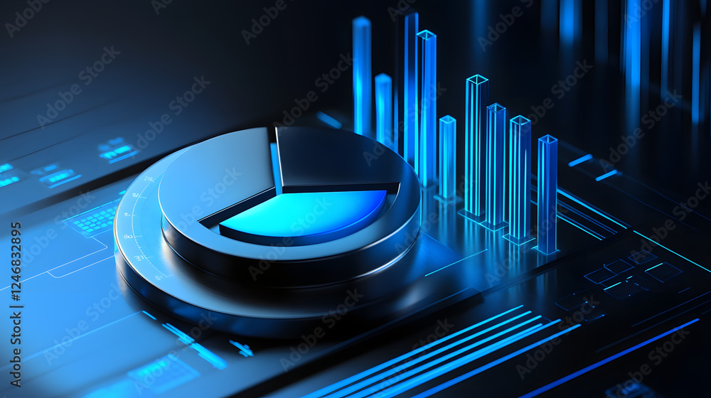 Poster cute isometric 3d image of 3d pie chart and bar chart in realistic metallic silver illuminated by ne
