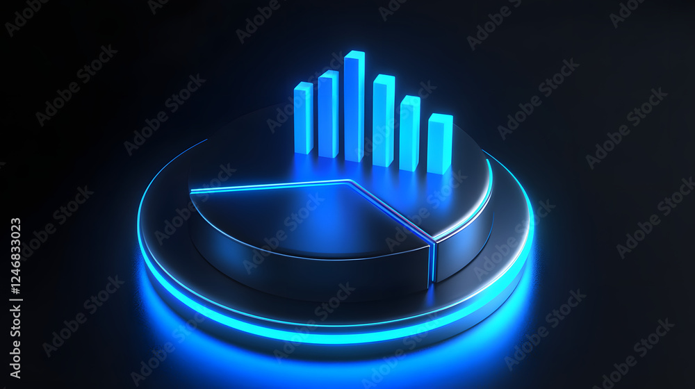 Poster cute isometric 3d image of 3d pie chart and bar chart in realistic metallic silver illuminated by ne