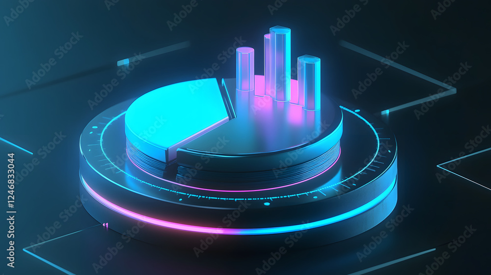 Poster cute isometric 3d image of 3d pie chart and bar chart in realistic metallic silver illuminated by ne
