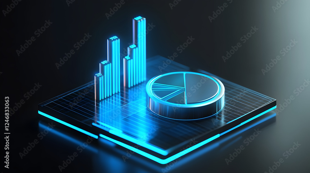 Poster cute isometric 3d image of 3d pie chart and bar chart in realistic metallic silver illuminated by ne