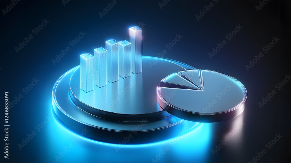 Poster cute isometric 3d image of 3d pie chart and bar chart in realistic metallic silver illuminated by ne