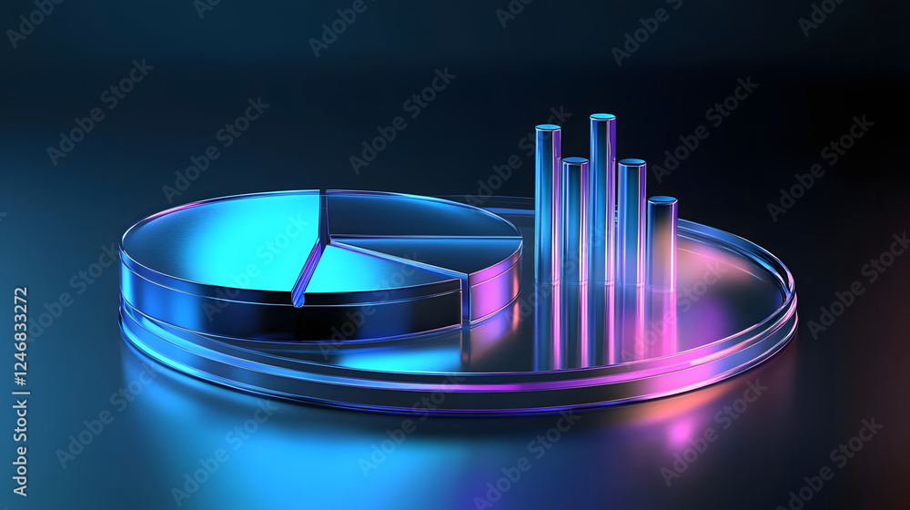 Poster cute isometric 3d image of 3d pie chart and bar chart in realistic metallic silver illuminated by ne