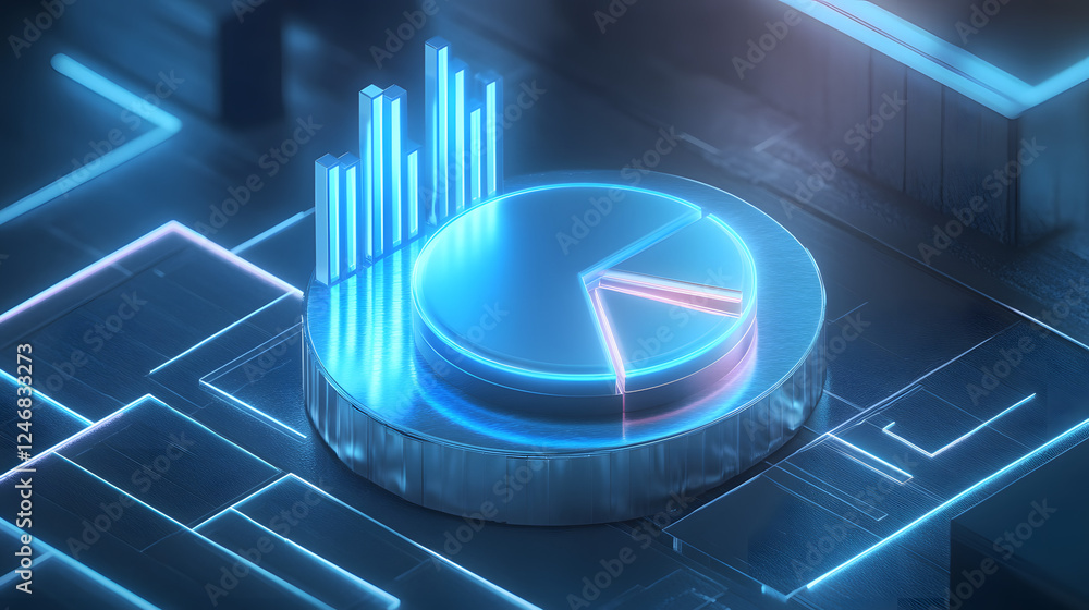 Poster cute isometric 3d image of 3d pie chart and bar chart in realistic metallic silver illuminated by ne