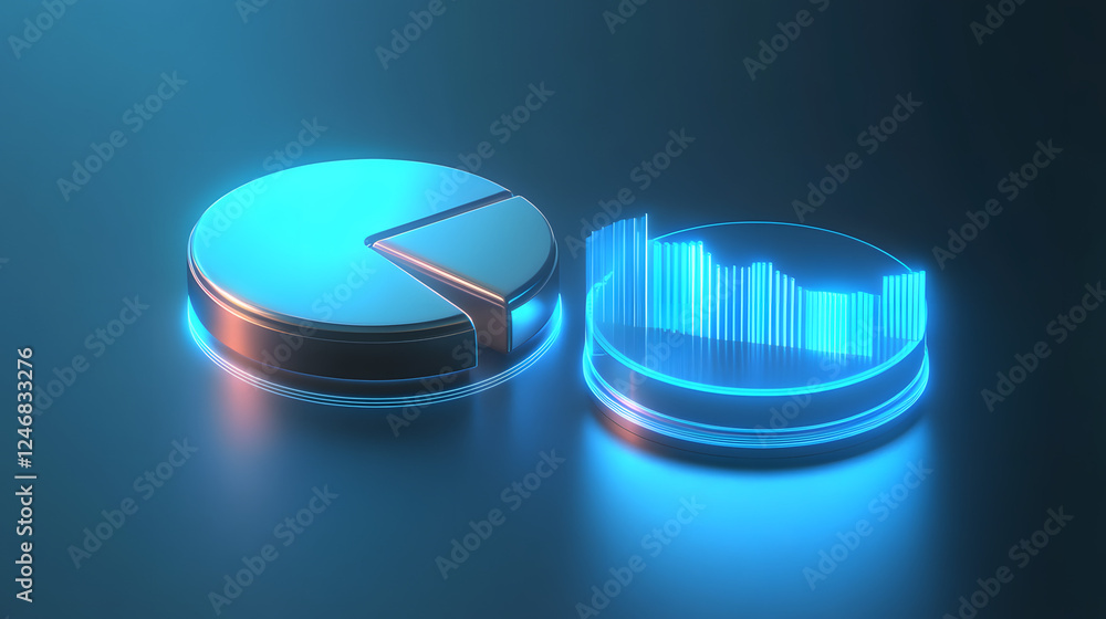 Poster cute isometric 3d image of 3d pie chart and bar chart in realistic metallic silver illuminated by ne