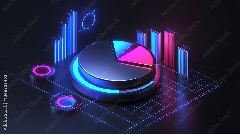 Poster cute isometric 3d image of 3d pie chart and bar chart in realistic metallic silver illuminated by ne