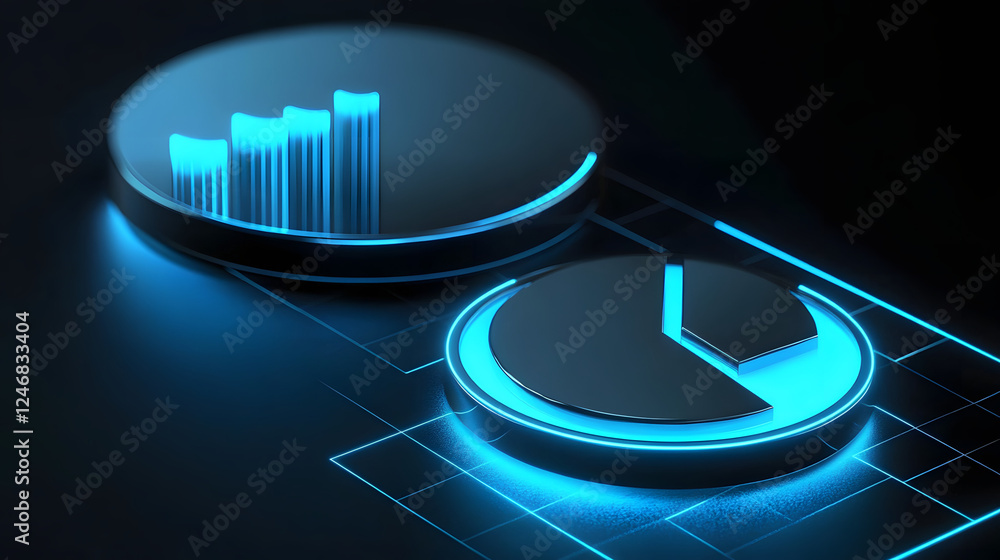 Poster cute isometric 3d image of 3d pie chart and bar chart in realistic metallic silver illuminated by ne