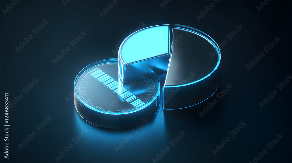 Poster cute isometric 3d image of 3d pie chart and bar chart in realistic metallic silver illuminated by ne