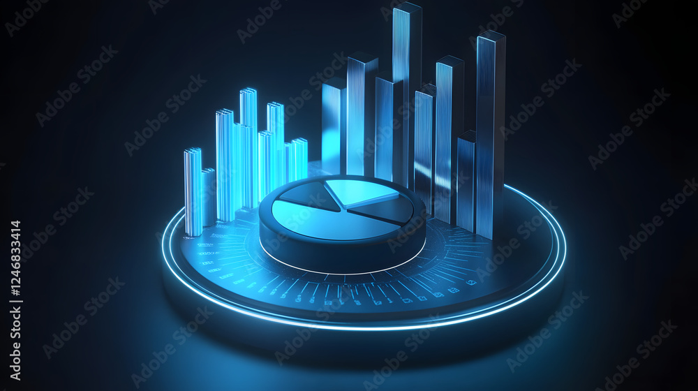 Poster cute isometric 3d image of 3d pie chart and bar chart in realistic metallic silver illuminated by ne