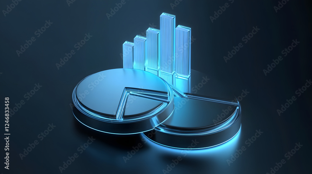 Poster cute isometric 3d image of 3d pie chart and bar chart in realistic metallic silver illuminated by ne