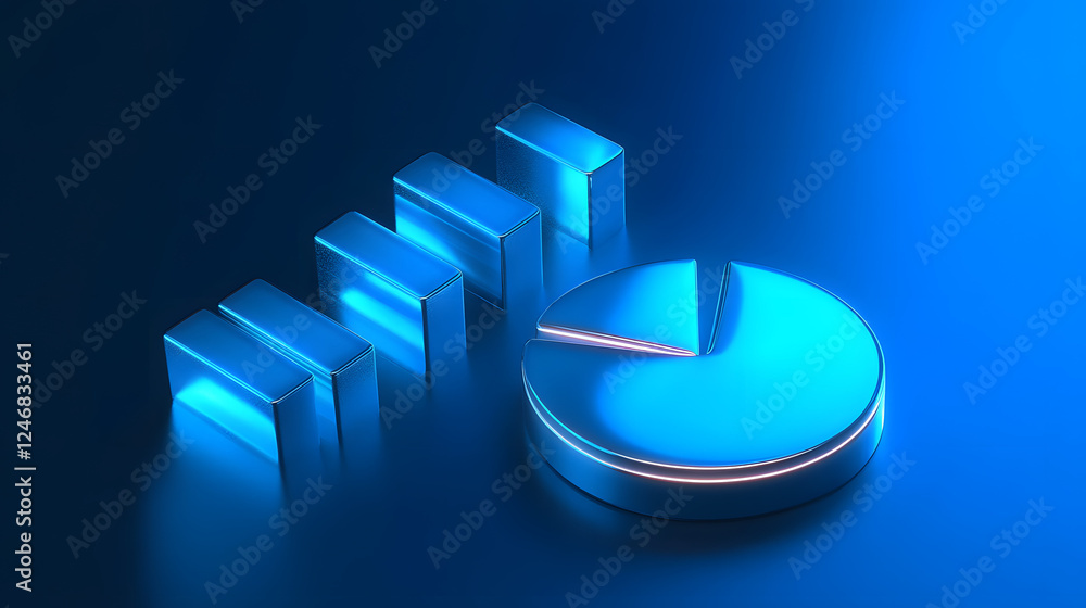 Poster cute isometric 3d image of 3d pie chart and bar chart in realistic metallic silver illuminated by ne