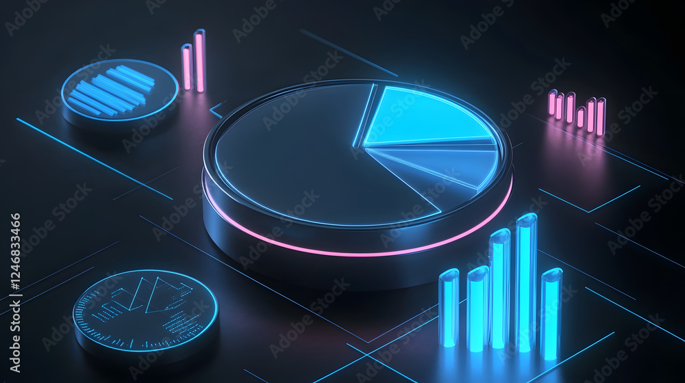 Poster cute isometric 3d image of 3d pie chart and bar chart in realistic metallic silver illuminated by ne