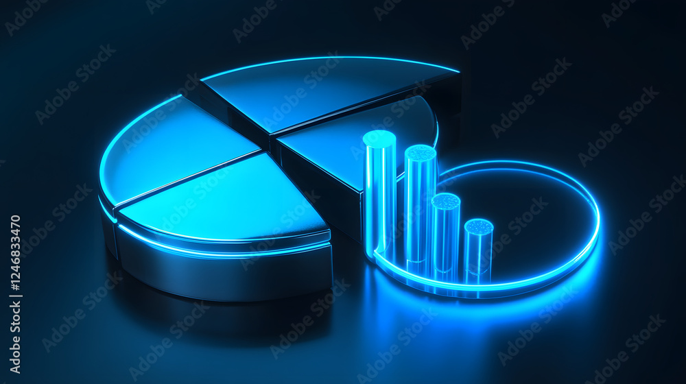 Aufkleber cute isometric 3d image of 3d pie chart and bar chart in realistic metallic silver illuminated by ne