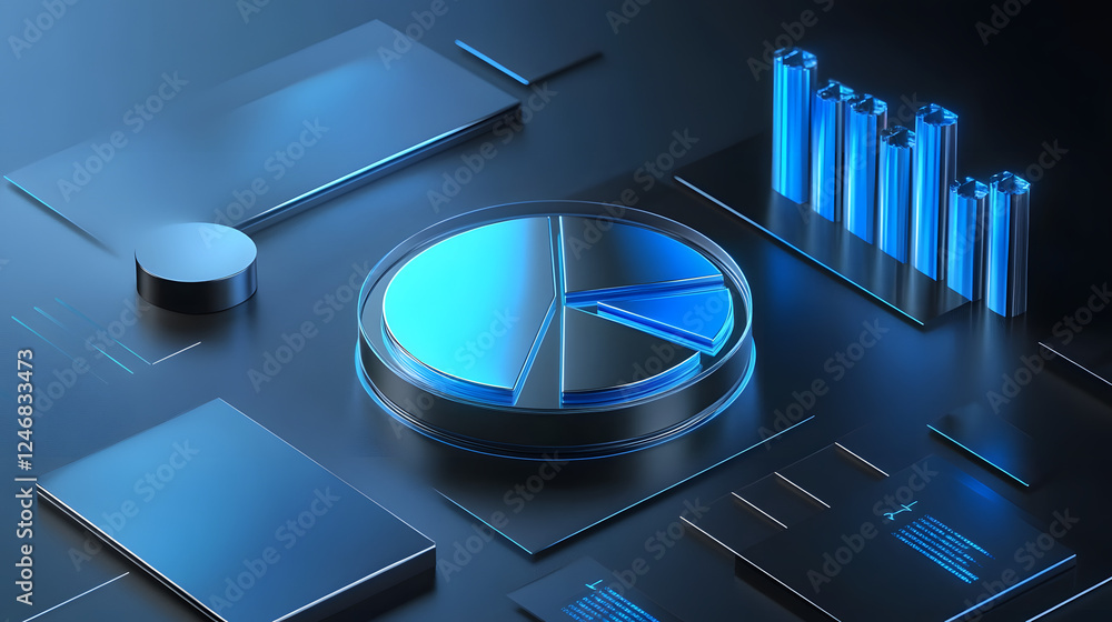 Poster cute isometric 3d image of 3d pie chart and bar chart in realistic metallic silver illuminated by ne