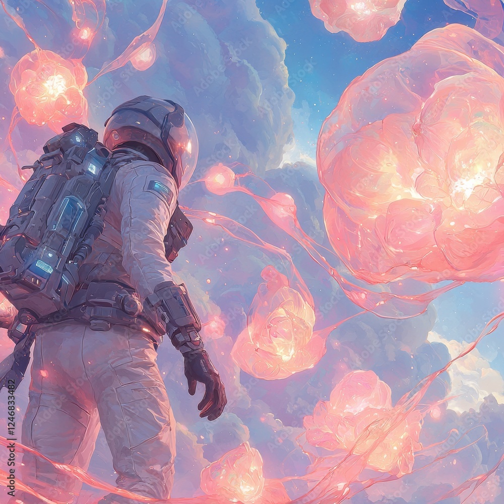 Poster astronaut exploring ethereal clouds outer space digital art cosmic environment dramatic viewpoint im