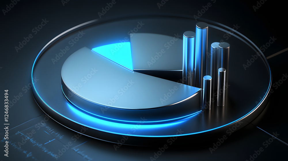 Poster cute isometric 3d image of 3d pie chart and bar chart in realistic metallic silver illuminated by ne