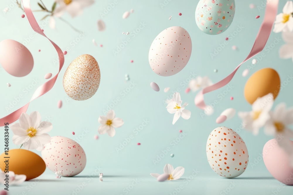 Poster dynamic easter-themed composition with floating eggs ribbons and spring flowers using bright and che