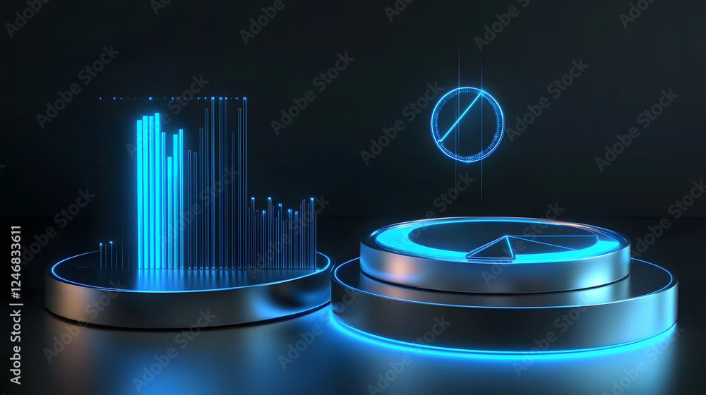 Poster cute isometric 3d image of 3d pie chart and bar chart in realistic metallic silver illuminated by ne