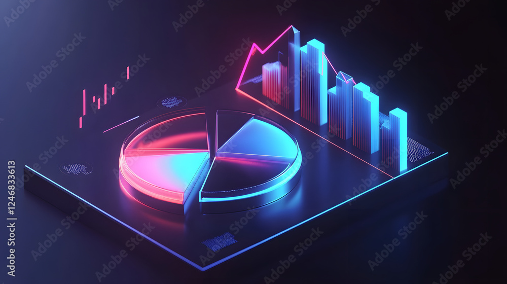 Poster cute isometric 3d image of 3d pie chart and bar chart in realistic metallic silver illuminated by ne