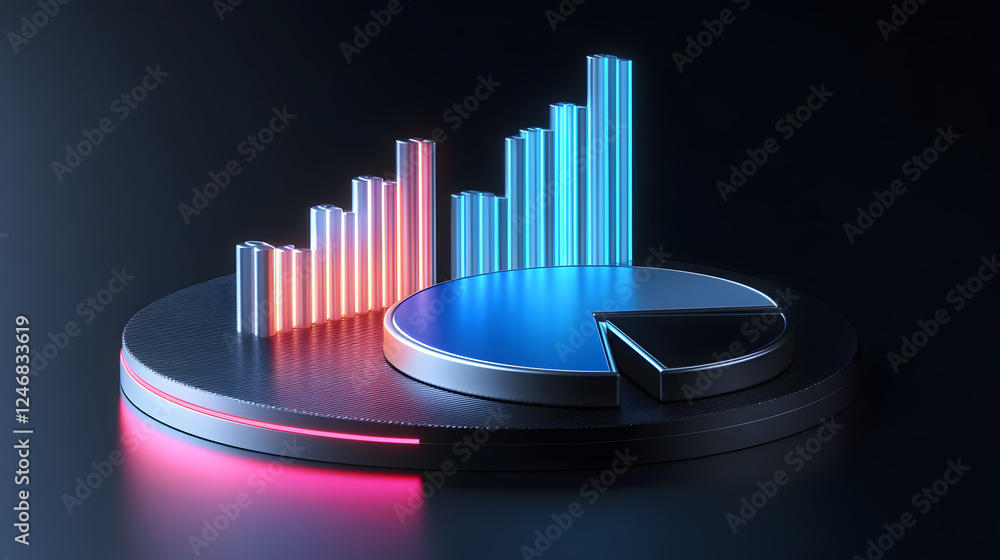 Poster cute isometric 3d image of 3d pie chart and bar chart in realistic metallic silver illuminated by ne