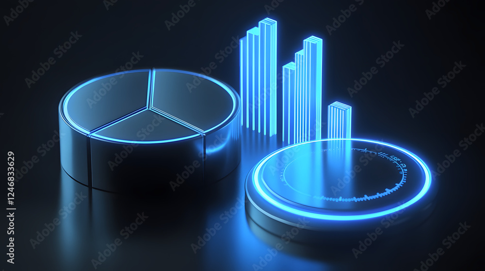 Poster cute isometric 3d image of 3d pie chart and bar chart in realistic metallic silver illuminated by ne