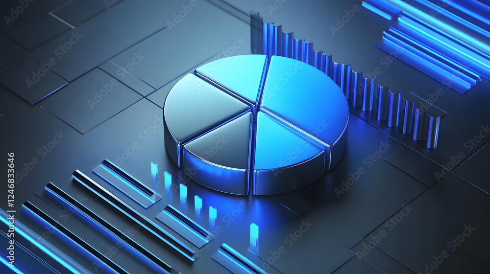 Poster Cute isometric 3D image of 3D pie chart and bar chart in realistic metallic silver illuminated by neon blue. add floating, transparent charts and circular measurement tools. ensure perfect shapes an