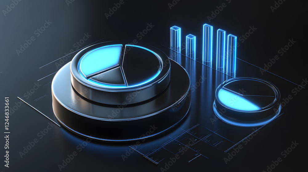 Poster cute isometric 3d image of 3d pie chart and bar chart in realistic metallic silver illuminated by ne