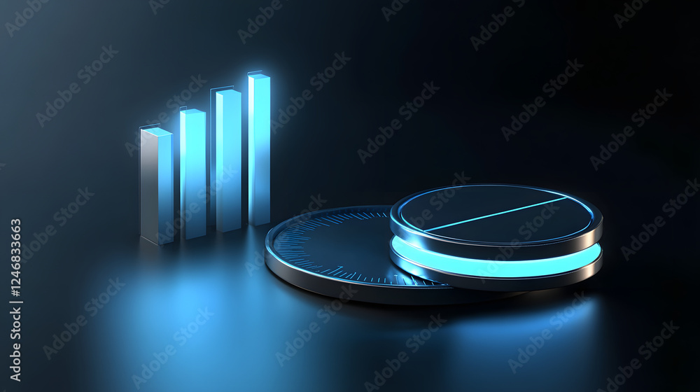 Poster cute isometric 3d image of 3d pie chart and bar chart in realistic metallic silver illuminated by ne