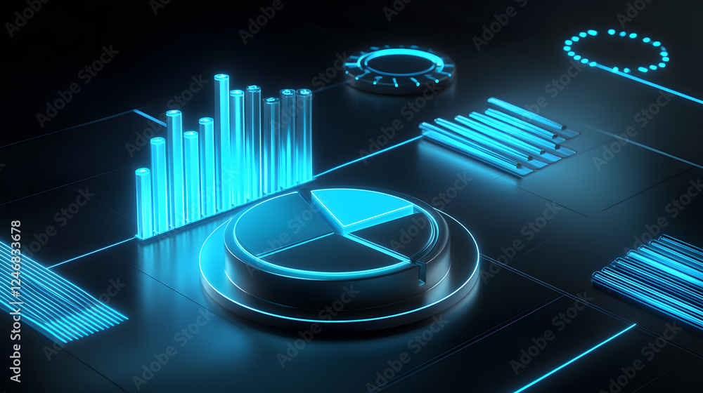 Poster cute isometric 3d image of 3d pie chart and bar chart in realistic metallic silver illuminated by ne