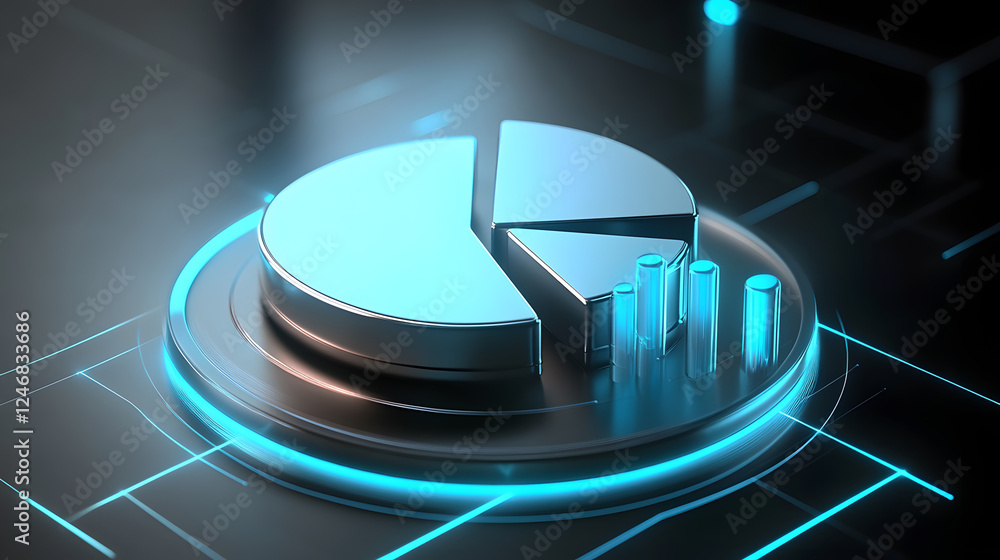 Poster cute isometric 3d image of 3d pie chart and bar chart in realistic metallic silver illuminated by ne