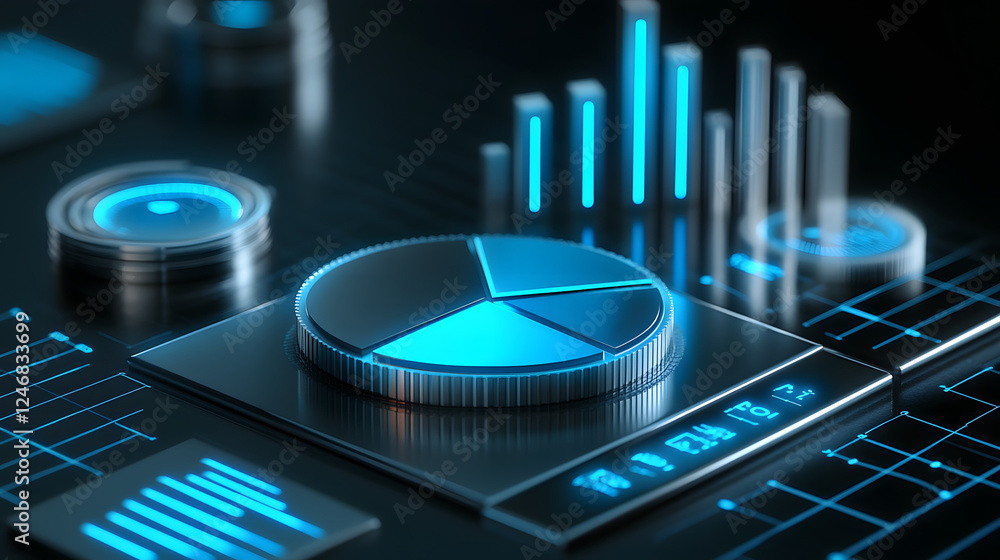 Poster cute isometric 3d image of 3d pie chart and bar chart in realistic metallic silver illuminated by ne
