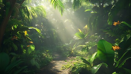 Sunbeams Filtering Through a Lush Tropical Rainforest Canopy with Vibrant Green Foliage and Mist Creating a Magical and Mysterious Atmosphere