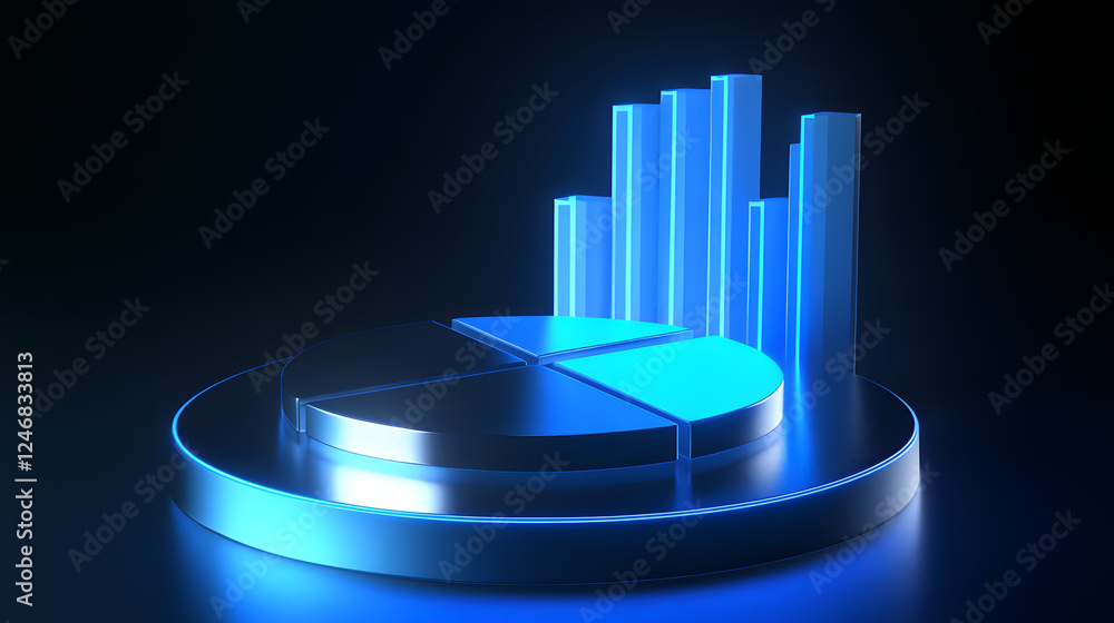 Poster Cute isometric 3D image of 3D pie chart and bar chart in realistic metallic silver illuminated by neon blue. add floating, transparent charts and circular measurement tools. ensure perfect shapes an