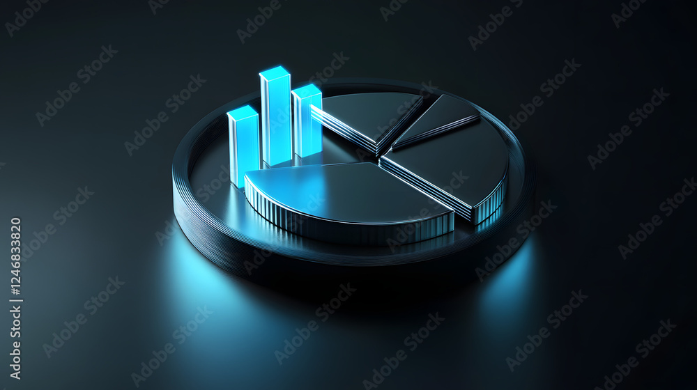 Poster cute isometric 3d image of 3d pie chart and bar chart in realistic metallic silver illuminated by ne